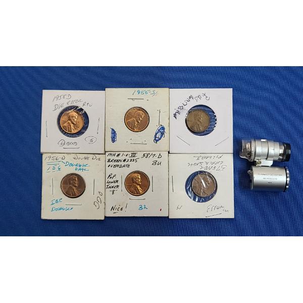 Assorted Years/Mint Mark Wheat Cents With Possible Errors & Mini Currency Detecting Microscope