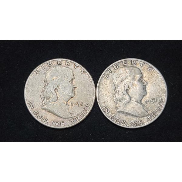 (2) 1951 90% Silver Franklin Half Dollars - Face Value: $1.00