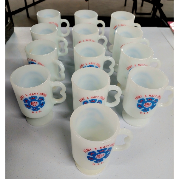 Vintage - 13 Army Navy Milk Glass Footed Mugs