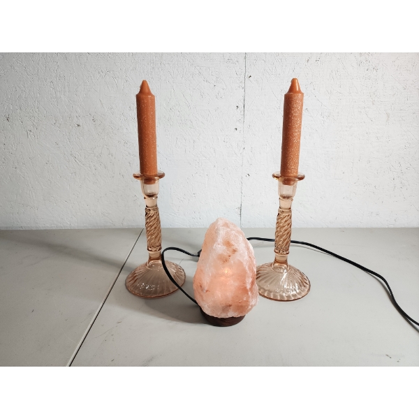2 Glass Candle Holders with Candles and Working Himalayan Salt Lamp 