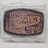 Image 5 : Five Vintage Industrial and Corporate Advertising Brass and Tooled Leather Belt Buckles