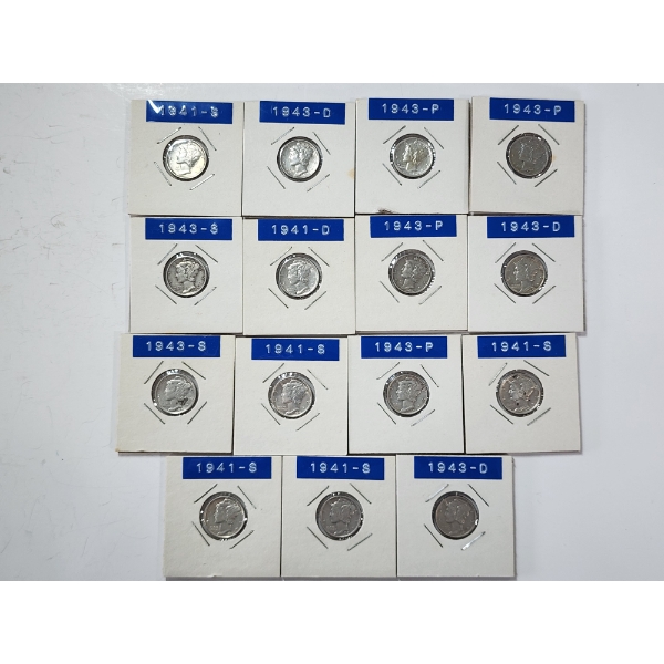 x15 Assorted Years 90% Silver Mercury Dimes FV: $1.50