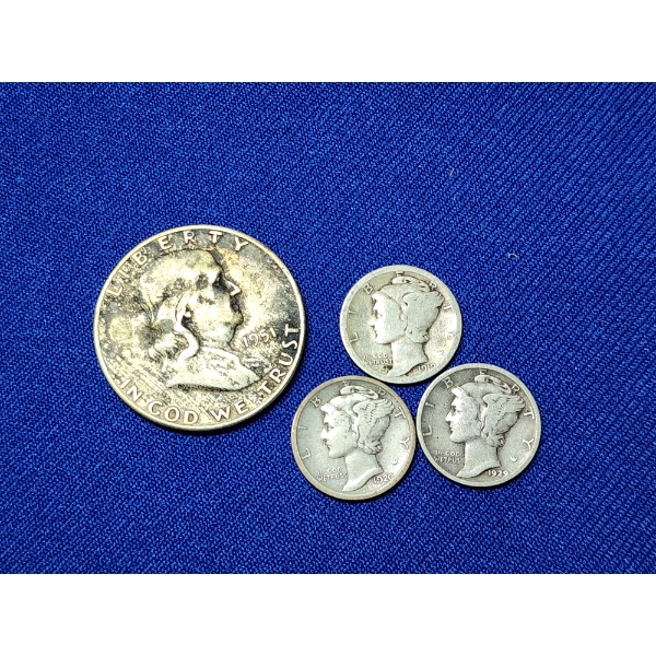 United States 90% Silver Coins: x3 Mercury Dimes & 1951 Franklin Half Dollar FV: $0.80