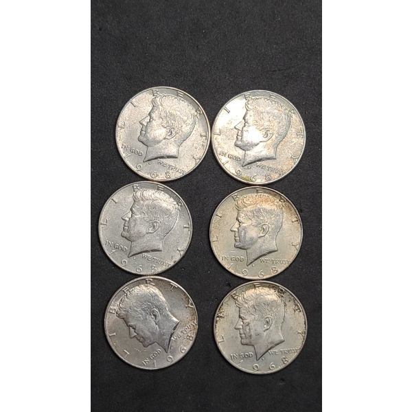 (6) 1968 40% Silver Kennedy Half Dollars - Face Value: $3.00