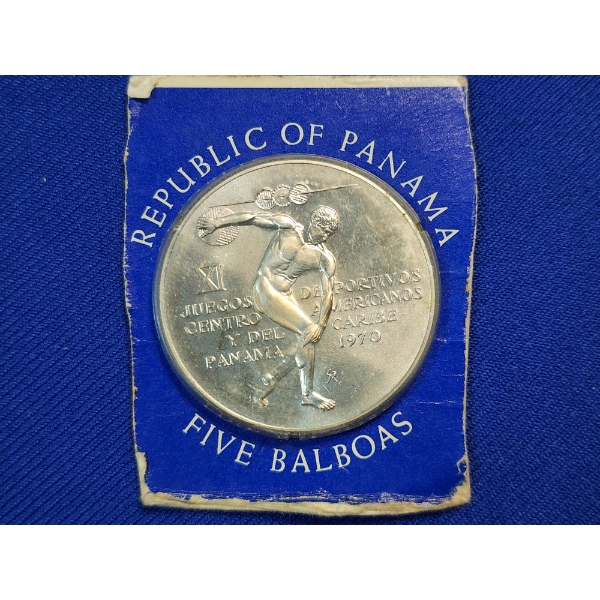 1970 Panama 5 Balboas Silver Coin 0.025 Fine Silver - Central American Caribbean Games 
