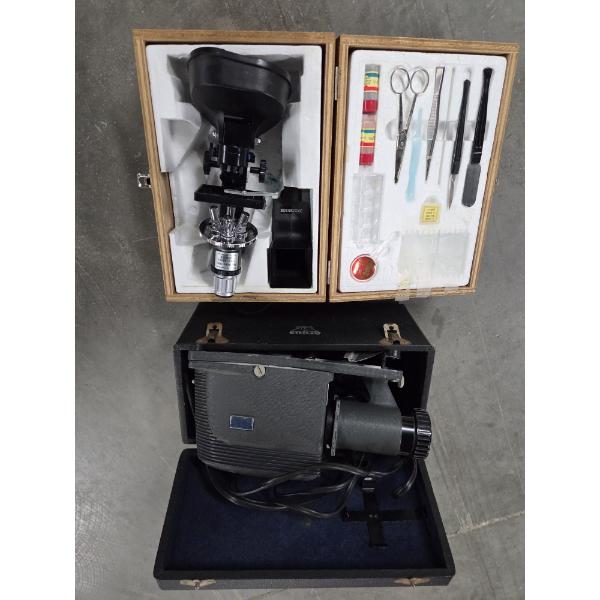 Vintage Argus Projector And New Microscope In Wood Storage Box