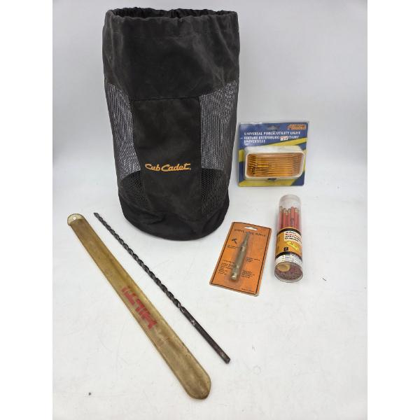 Cub Cadet Mesh Bag, Hilti 3/8 Bit, New Light, Pencils With Sharpener & Spring Loaded Punch