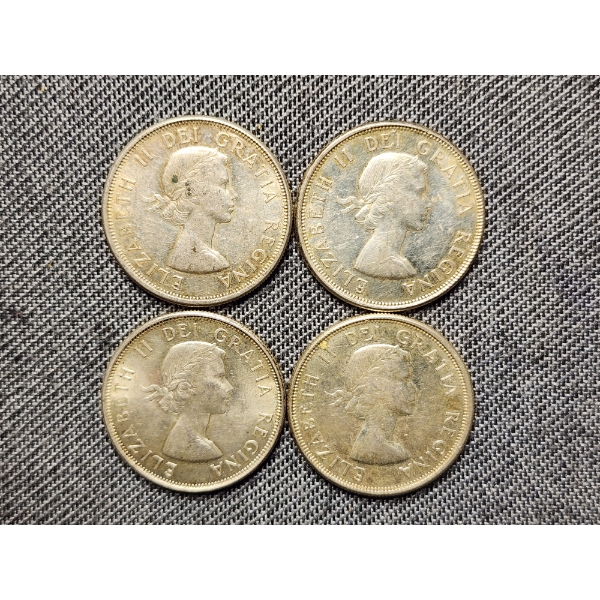 Four Assorted 80% Silver Canadian Half Dollars - ASW: 0.3 Oz Per Coin - About 1.2 Oz ASW Total! 