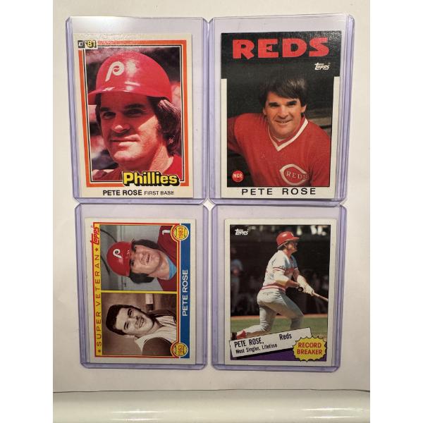 4 - 1980's Pete Rose Baseball Cards In Protective Holders - Mint Condition