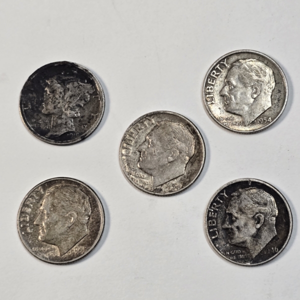 (5) 90% Silver Dimes - (1) Mercury and (4) Roosevelt