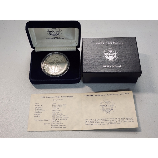 1991 American Silver Eagle - 1 oz .999 Fine Silver - With Box & CoA