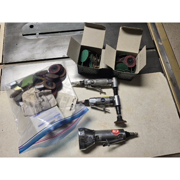 Pneumatic Tools - (2) Angle Grinders, (1) Cut Off Tool and Assorted Grinding Discs