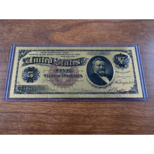 5 Silver Dollars Note Pure 24k .999999 Gold Foil Note In Protective Holder - Mint Condition