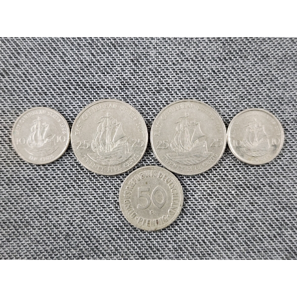 Small Lot of Five Assorted Foreign Coins Ft. East Caribbean States Coins
