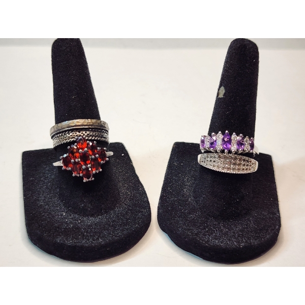 Five Assorted Sterling Silver Rings: Gorgeous Red & Purple Gemstones - TW: 10.8g