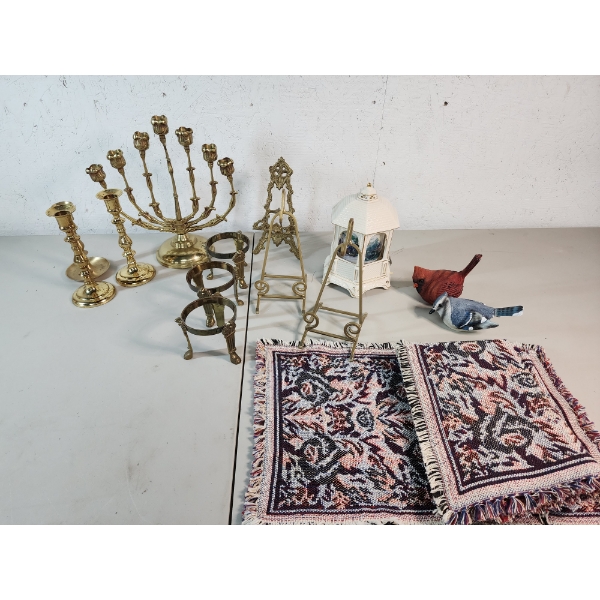 Lot of Assorted Home Decor Items: Including Brass Candleholders, Placemats, Figurines 