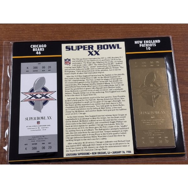 Authentic 1986 Super Bowl XX NFL Football Ticket & 24K Gold Plated Ticket - Mint Condition