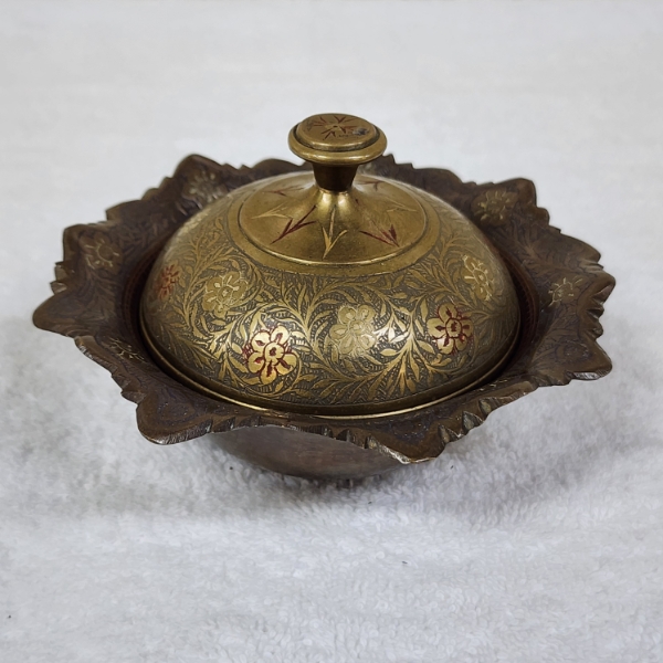 Vintage Indian Brass Lidded Container Feat. Beautifully Etched Designs ~ Trinket or Candy Dish