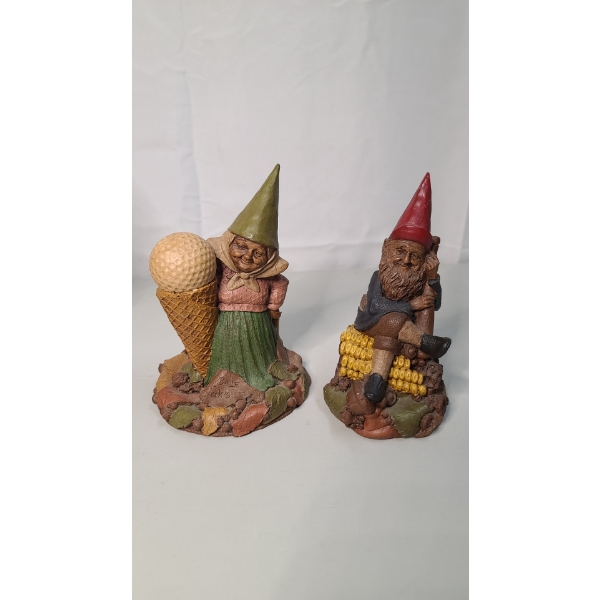 Vintage Cairn Studios "Babe" Golf Ice Cream Gnome & "Ty Cob" Corn Gnome Figure By Tom Clark