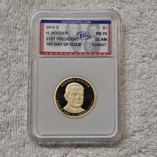 2014-S Herbert Hoover Presidential Dollar coin encapsulated by IGS, graded as PR-70 Deep Cameo