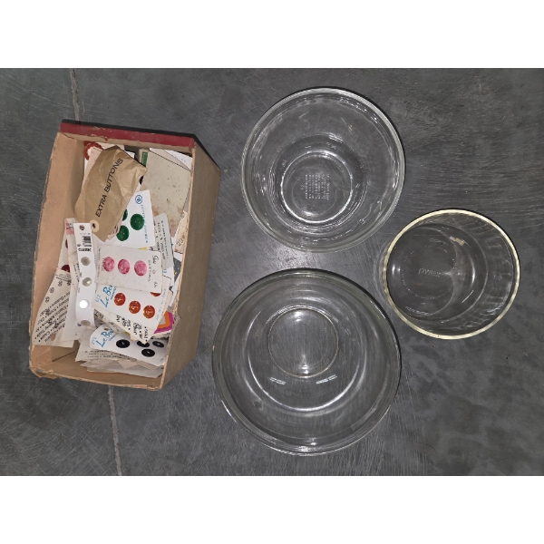 Two Vintage Pyrex Bowl & One Unmarked Bowl, And Box Of Vintage Buttons