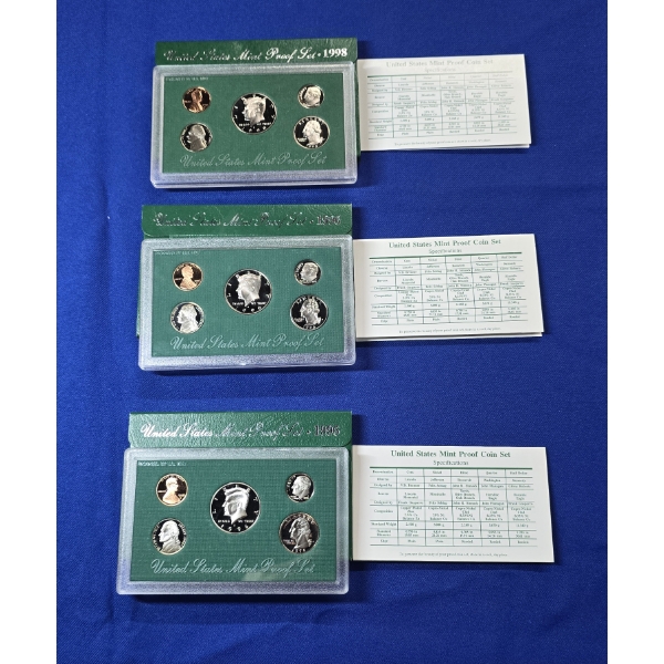 3 United States Mint 5-Coin Proof Sets: 1998-S, 1996-S, 1996-S - Original Green Box & COA