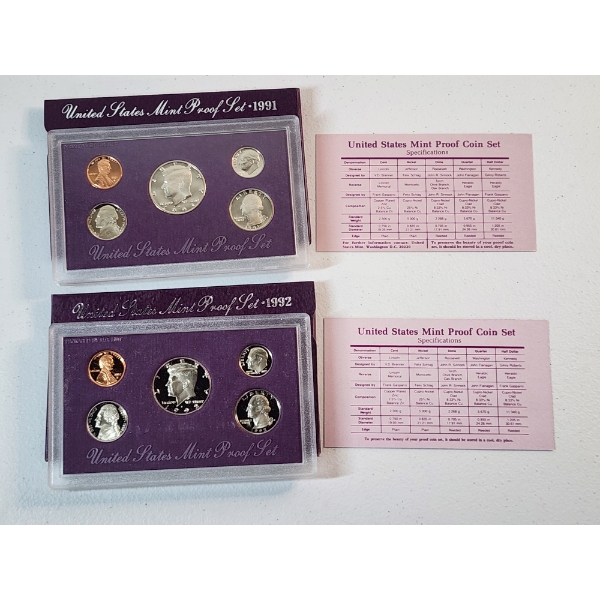 1991 and 1992 Untied States Mint Proof Sets with Boxes and COA
