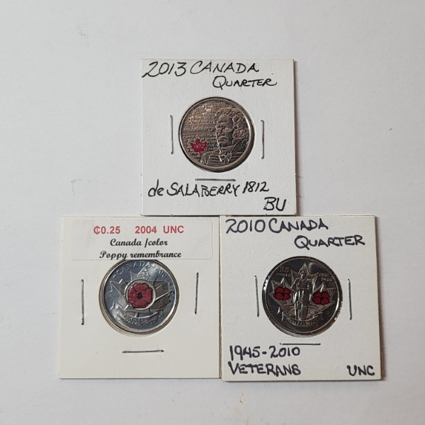 Lot of 3 Assorted Canadian Commemorative Colorized Quarters - BU/U