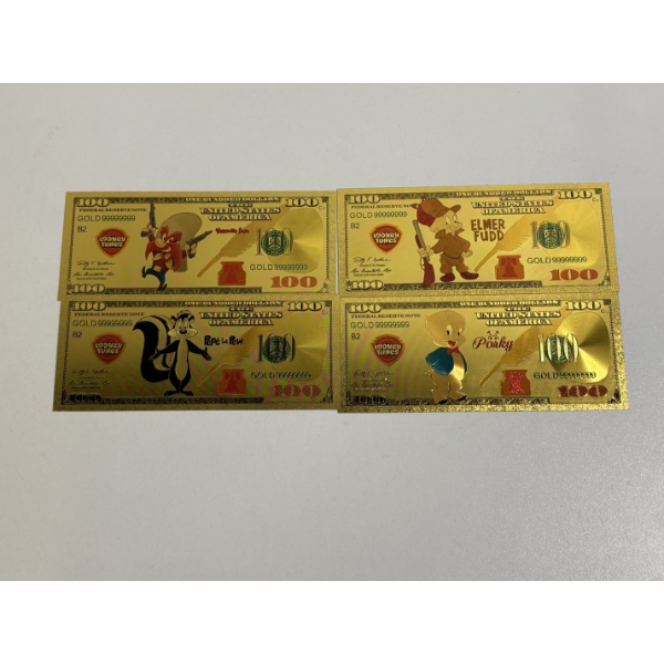 Looney Tunes "100" Dollar Gold Foil Notes - Elmer Fudd - PePe Le Pew - Porky Pig - Yosemite Sam 