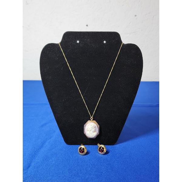 Vintage Carved Cameo Gold Filled Pendant Necklace & Cufflinks w/ Ruby Glass Stone