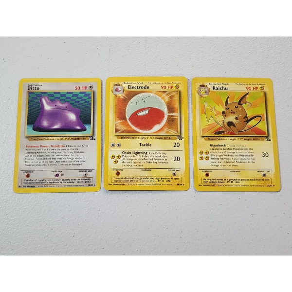 Three Vintage Rare Pokemon Cards: Ditto 18/62, Electrode 18/64, & Raichu 29/62