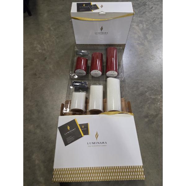 Two Brand New Sets Of Lummara, Three Remote Control Flameless Candles In Sparkling Red & White