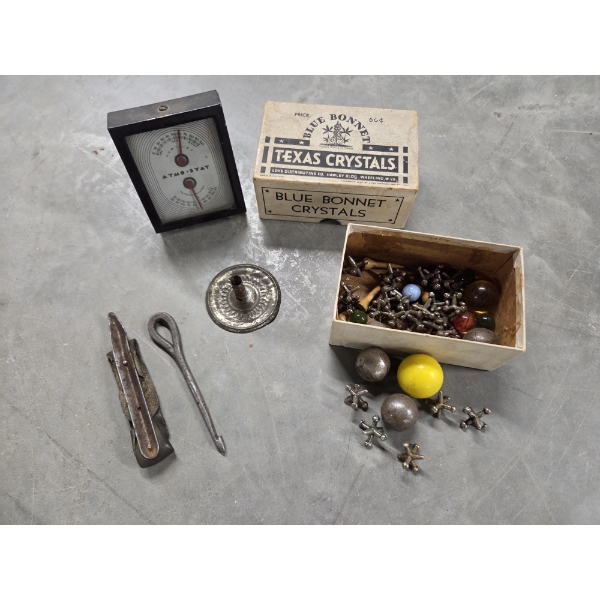 Vintage Collectables Including Corn Husker Tool, Metal Jacks & Balls, Marbles, 1930s AtmoStat & More