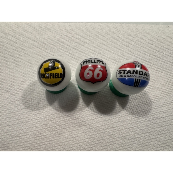 3 - Vintage Gas & Oil Advertising One Inch Shooter Marbles - Richfield, Phillips 66 & Standard Oil