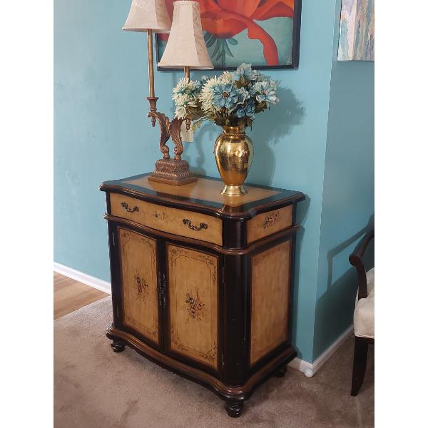 Excellent Two Color Fine Wood Occasional Cabinet With Hand Painted Embellishment.