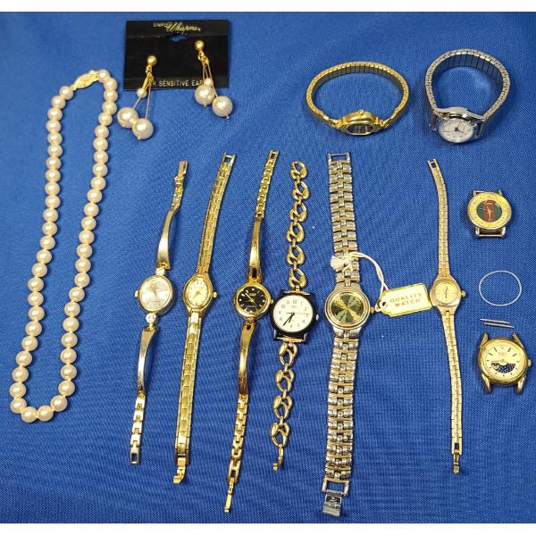 Assorted Watches, Pearl Like Necklace & Costume Earrings