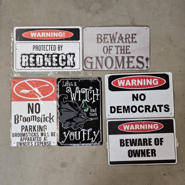 Set Of 6 Assorted Novelty Metal Tin Signs (8x12")
