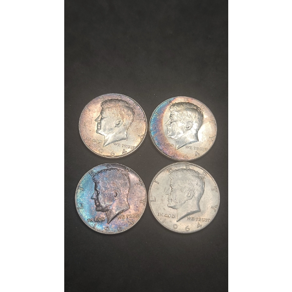 (4) 1964 90% Silver Kennedy Half Dollars - Some Have Beautiful Toning - Face Value: $2.00