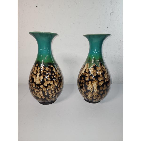 2 Danish Style Drip Glaze Porcelain Vases - 16in Tall