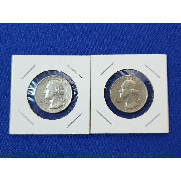Two 90% Silver U.S. 1964 Washington Quarters