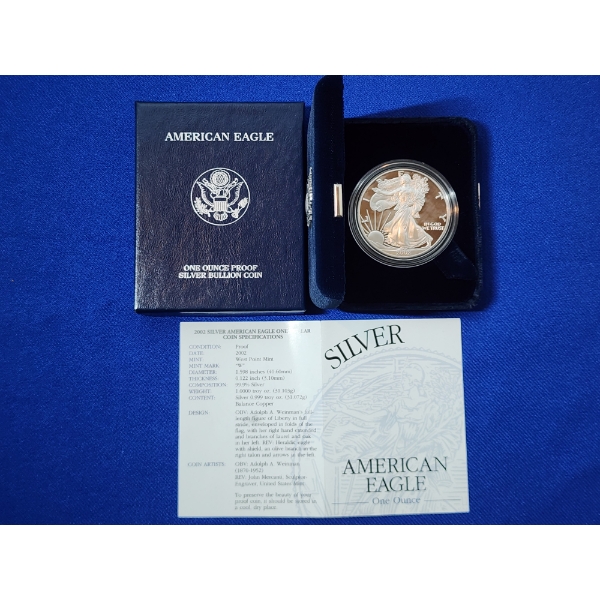 2002-W Silver American Eagle Proof $1 - 1 Troy oz .999 Fine Silver w/ Box & CoA