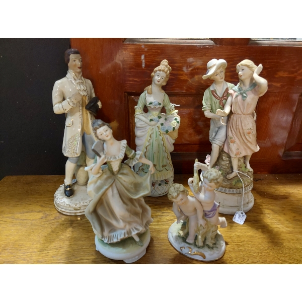 2nd Grouping Of Vintage Porcelain Figurines In Old World Style - All In Perfect Condition.  See Pics