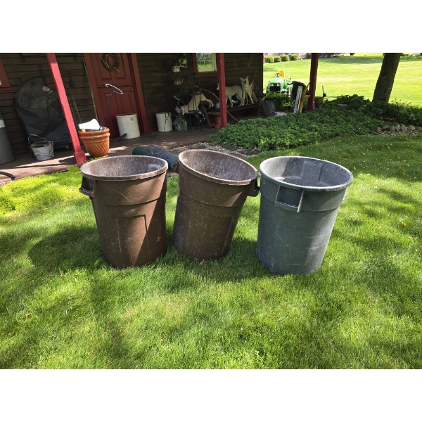 (3) 55 Gallon Rubber Trash Cans