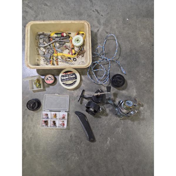Fishing Reels, Flys, Knife, Sinker Assortment And More
