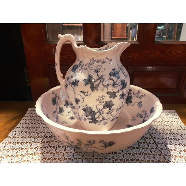 Antique Porcelain Wash Bowl & Pitcher Set - Nice Pink Color With Floral Motif - See Pics