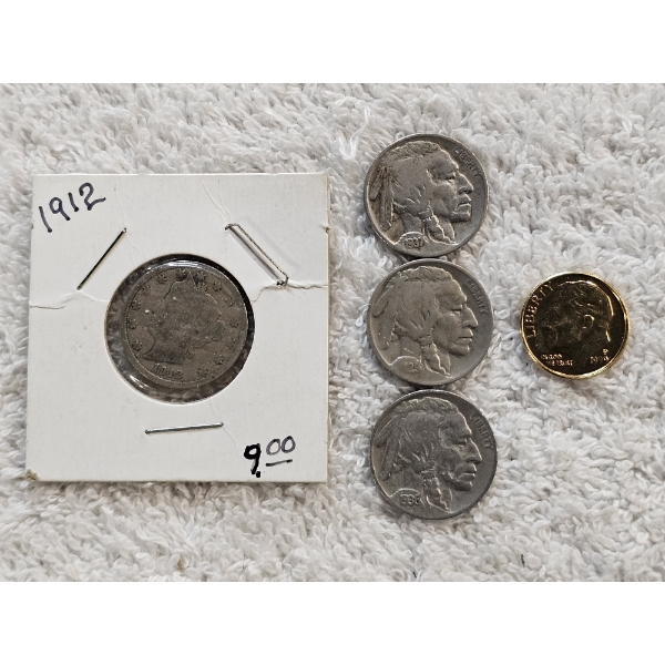 Lot of Collectible U.S. Coins inc. Buffalo Nickels, "V" Nickel, and Gold-Plated Dime - AFV $.30