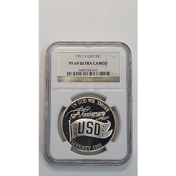 NGC 1991-S PF 69 ULTRA CAMEO USO 50th Anniversary Commemorative 90% Silver Proof Dollar