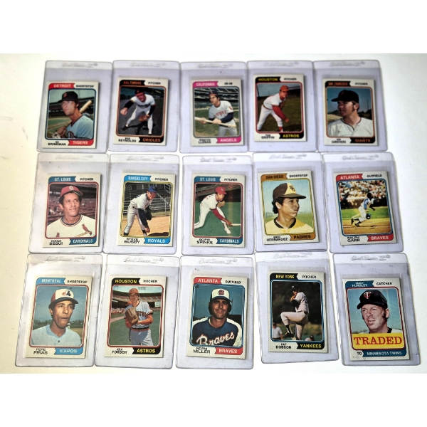 MINT 1974 TOPPS BASEBALL CARDS - 15 ASSORTED SLEEVED CARDS IN NEVER TOUCHED FRESH CONDITION 