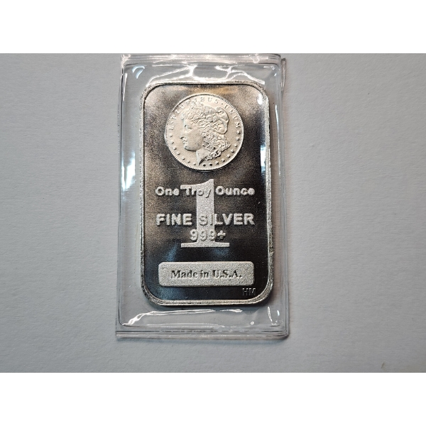 One Troy Ounce .999 Fine Silver Bar Featuring Morgan Dollar Design
