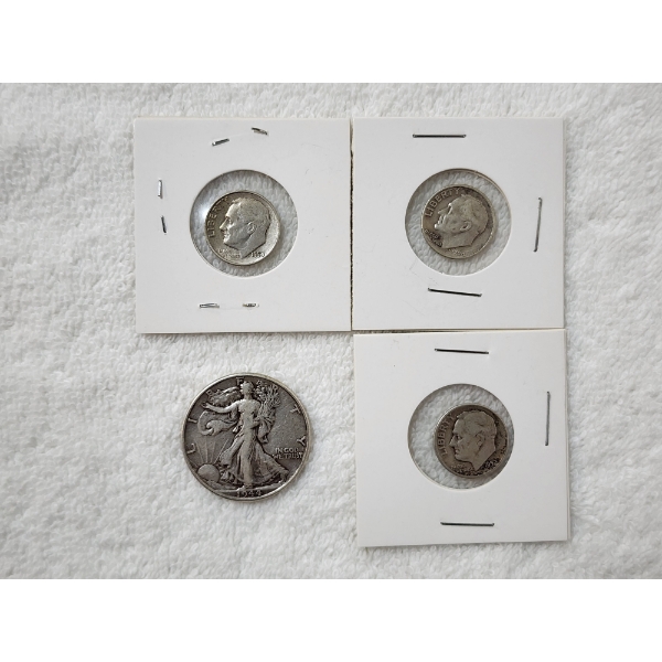 Four United States 90% Silver Coins Ft. Three Roosevelt Dimes & One Walking Liberty Half ~ $0.80 FV